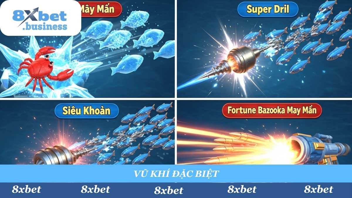 Tận dụng sức mạnh của Cua May Mắn, Siêu Khoan và Bazooka để tối đa hóa điểm số và cơ hội săn Boss lớn tại Cai Shen Fishing 8xbet.