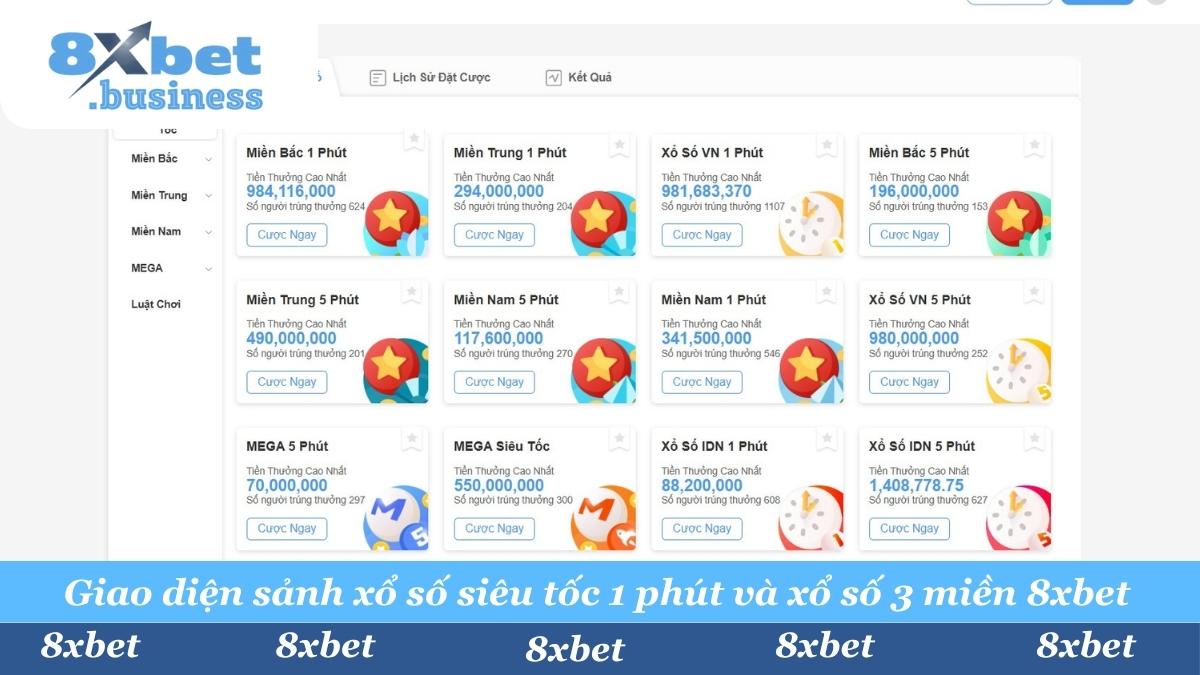 Sảnh Xổ Số 8xbet: Cược nhanh, trúng lớn. Cung cấp Xổ Số Siêu Tốc 1 Phút, 5 Phút và đầy đủ Xổ Số 3 Miền (Bắc, Trung, Nam), MEGA 6/45 với tỷ lệ ăn cược cao nhất thị trường.